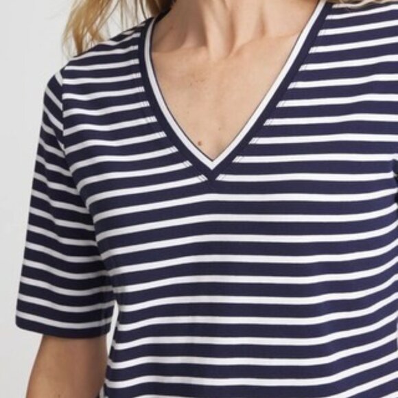 NWT Chicos Sz 2 Large Blue Striped V-Neck Perfect Tee Elbow Sleeves Cotton Blend - Picture 1 of 9